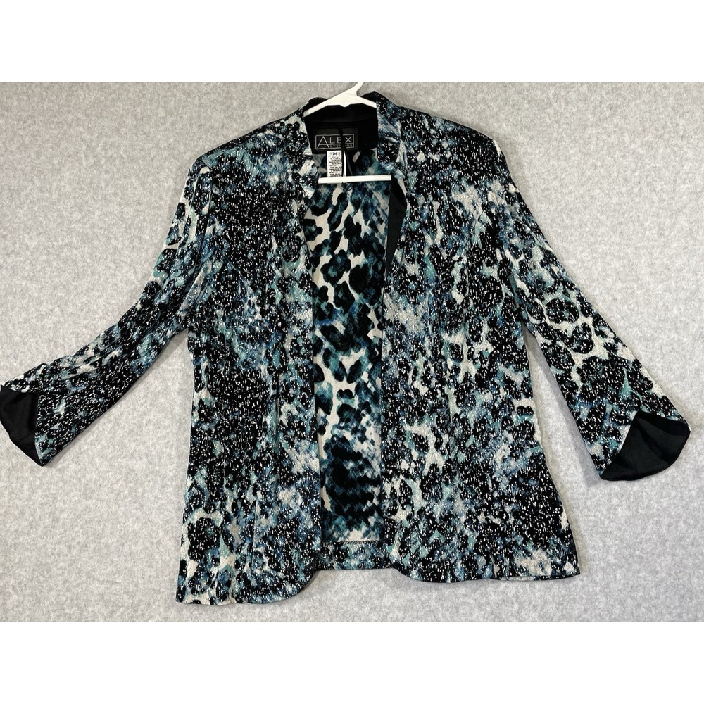 ALEX EVENINGS Jacket Womens Size M Blue Black Silver Animal Print 3/4 Sleeve